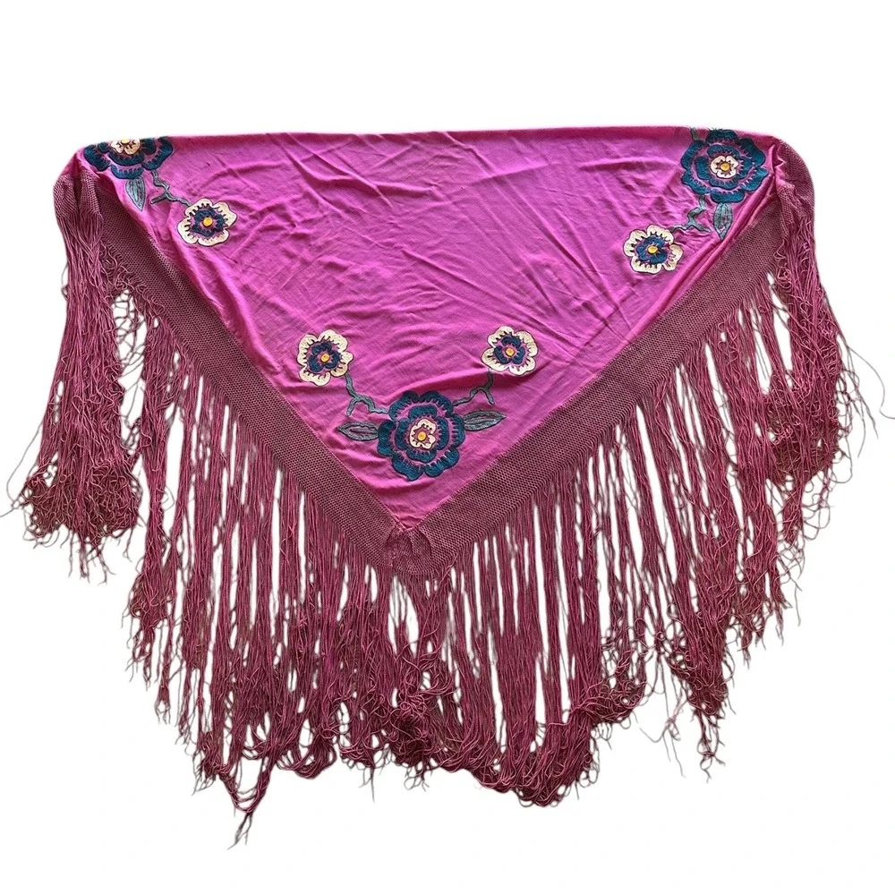 Vintage rayon embroidered fringe piano shawl